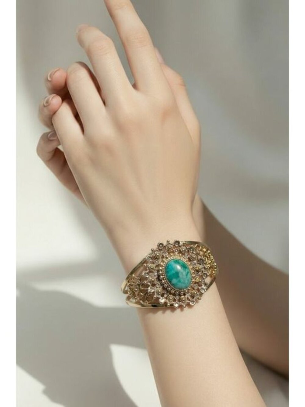 Gold Tone Filigree Cuff Bracelet Green Cabochon Statement Hinged Vintage